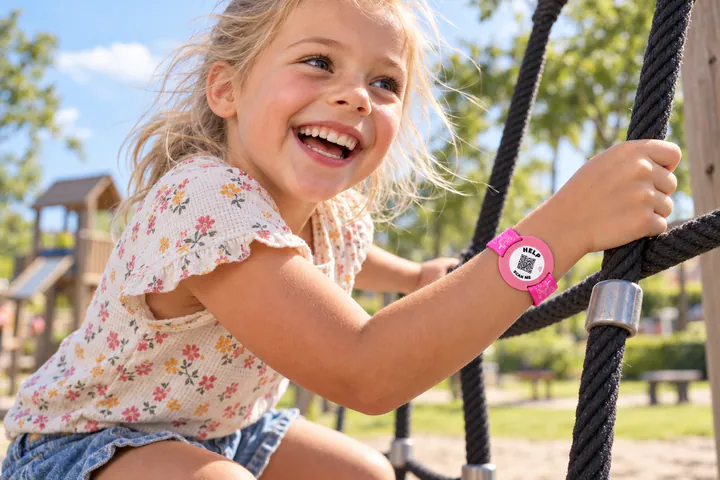 Lachend meisje in een speeltuin met de roze ICESCAN-kinderarmband om haar pols (AI-beeld)